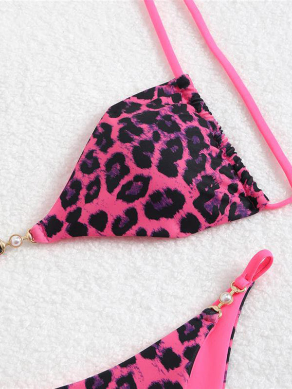 Three-point suspenders gathered leopard print sexy bikini