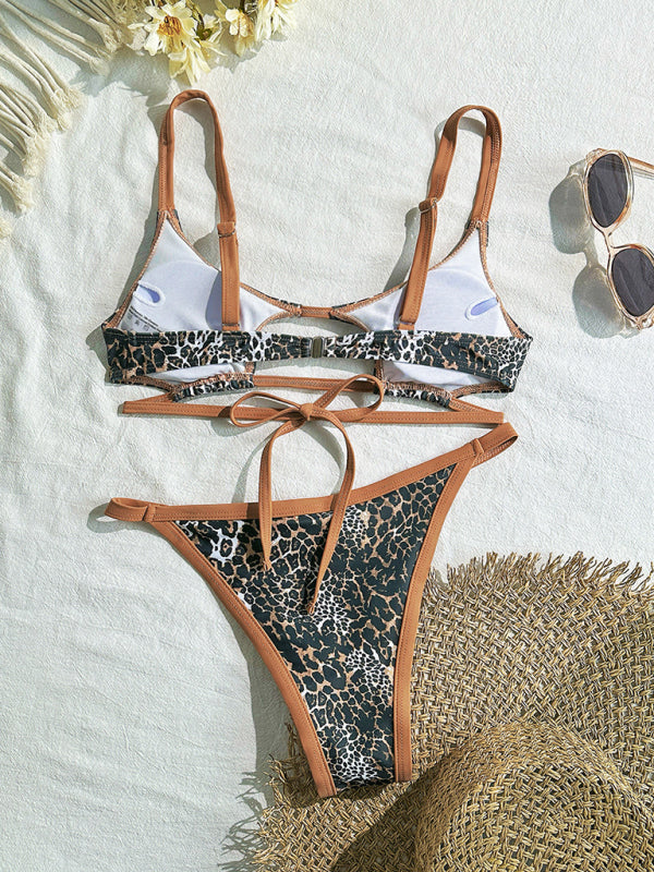 Sexy hollow leopard print two-piece swimsuit