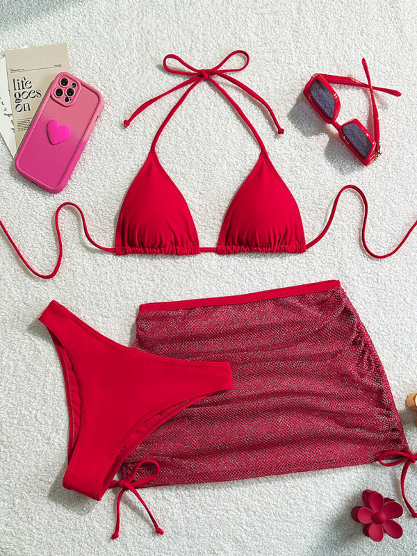 Solid color backless bikini three piece set