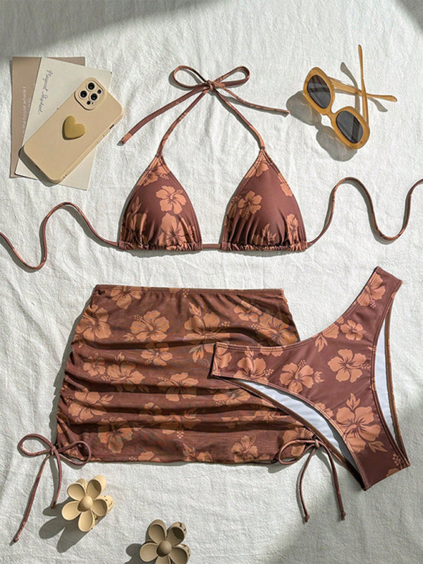 Floral Print Sexy Beach Dress Bikini Three-Piece Set