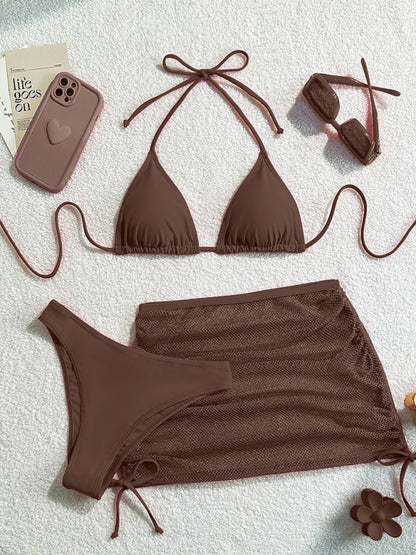 Sexy backless solid color bikini three piece set
