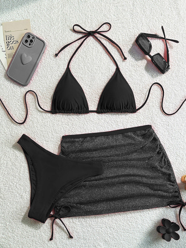 Sexy backless solid color bikini three piece set