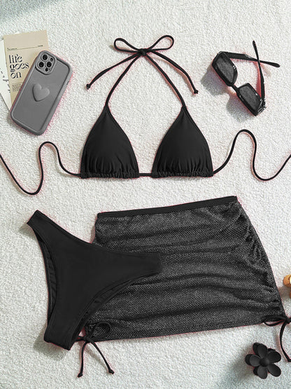Sexy backless solid color bikini three piece set
