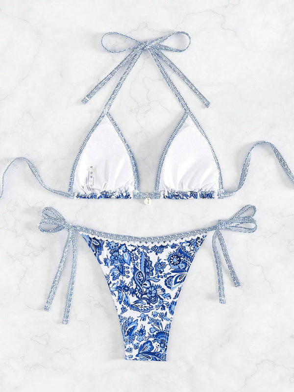 Blue floral print sexy strappy bikini set