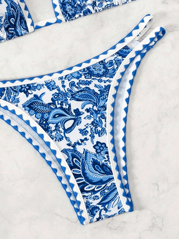 Blue Printed Halter Neck Sexy Bikini