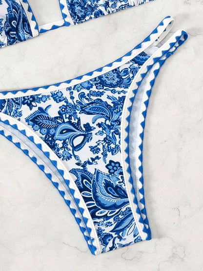 Blue Printed Halter Neck Sexy Bikini