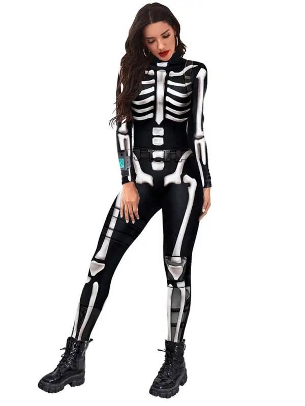 Front view of Halloween skull skeleton jumpsuit