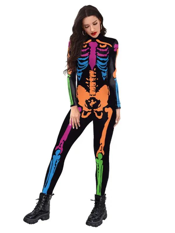 Halloween Neues Produkt Bunter Menschlicher Skelettdruck Karneval Cosplay Einteiler 