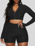 Close-up of black textured athleisure set with crop top