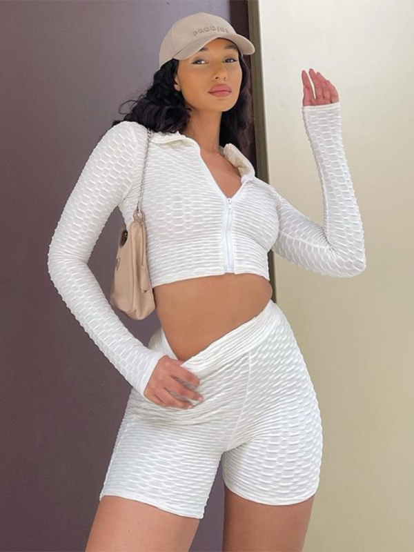 White textured athleisure set with long sleeves and shorts