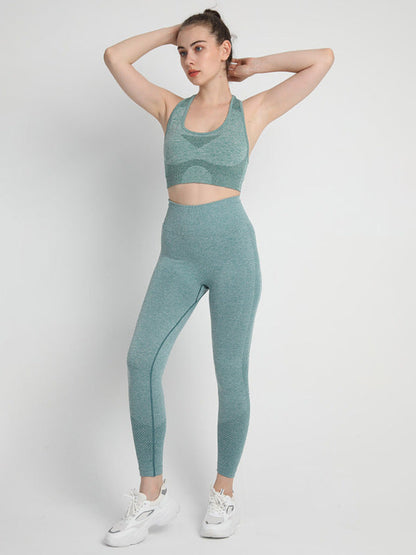 Teal seamless dotted sports suit with racerback bra