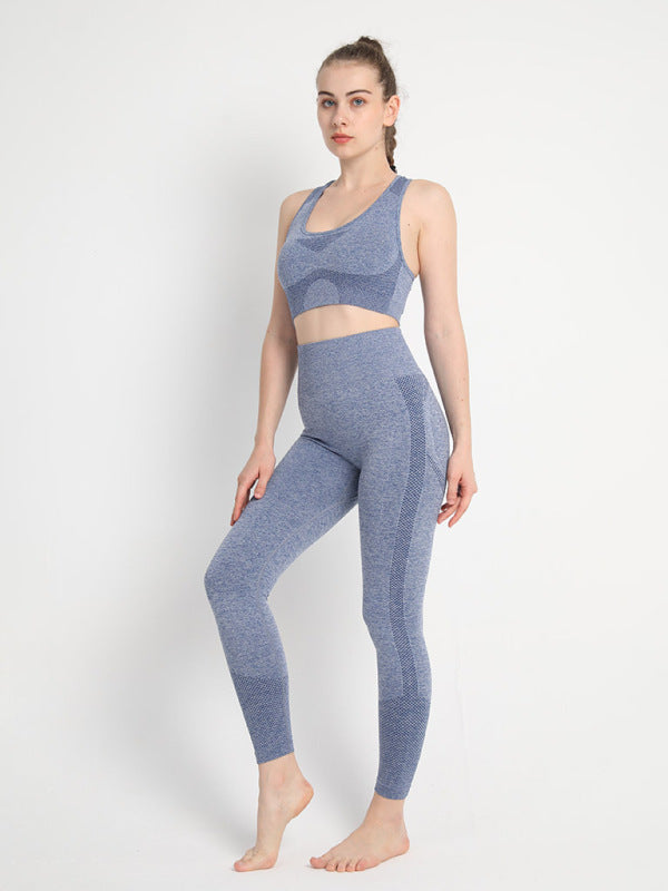 Blue seamless dotted sports suit with racerback bra