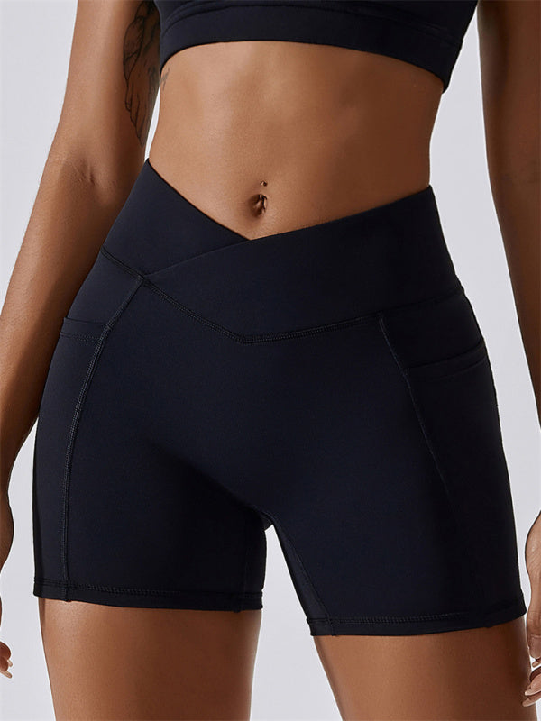 Damen Naked Hip Pocket Crossover Waist Leggings Sportshorts 