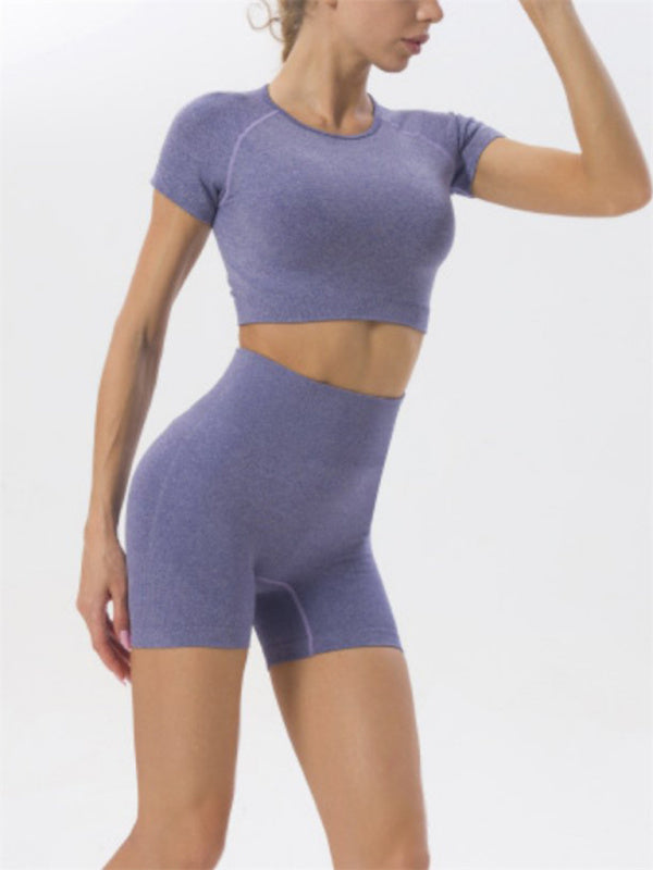 Costume deux pièces de Yoga sans couture, couleur unie, séchage rapide, manches courtes + Short, pour femmes 