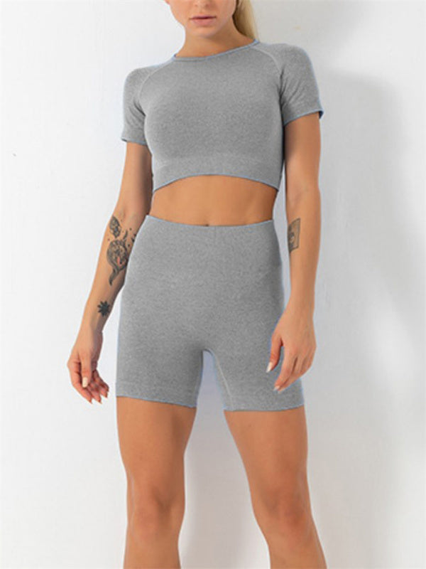 Costume deux pièces de Yoga sans couture, couleur unie, séchage rapide, manches courtes + Short, pour femmes 