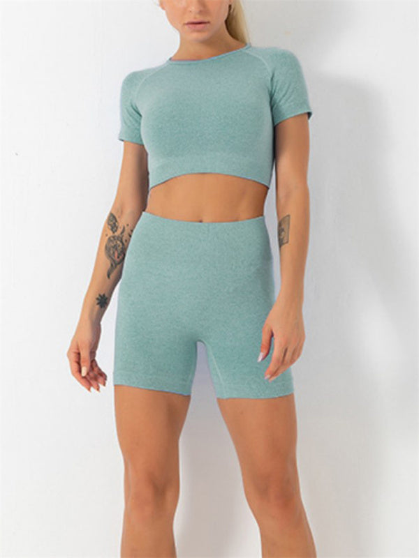 Costume deux pièces de Yoga sans couture, couleur unie, séchage rapide, manches courtes + Short, pour femmes 