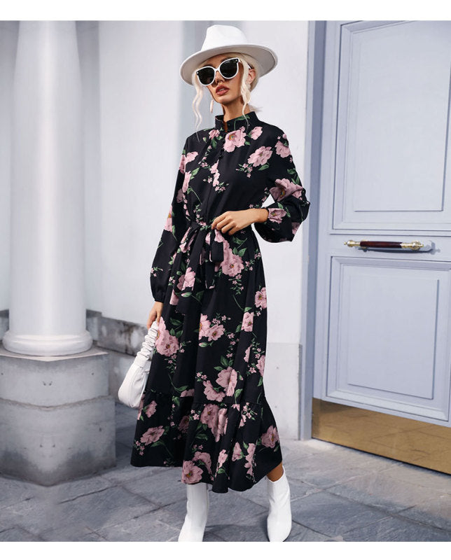 Printed long sleeve semi -collar long skirt dress autumn and winter