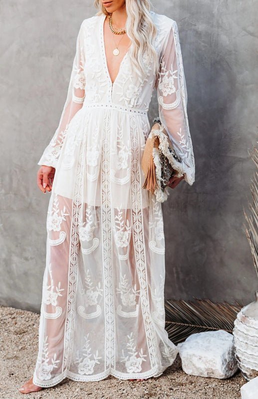 Lace Long Sleeve Deep V Solid Color Hollow Dress