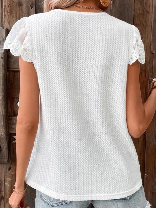 Lace waffle solid color V-neck short-sleeved casual T-shirt