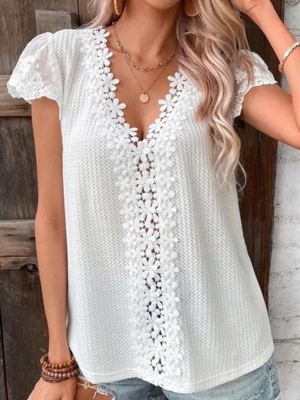 Lace waffle solid color V-neck short-sleeved casual T-shirt