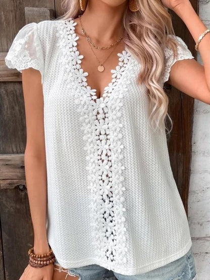 Lace waffle solid color V-neck short-sleeved casual T-shirt