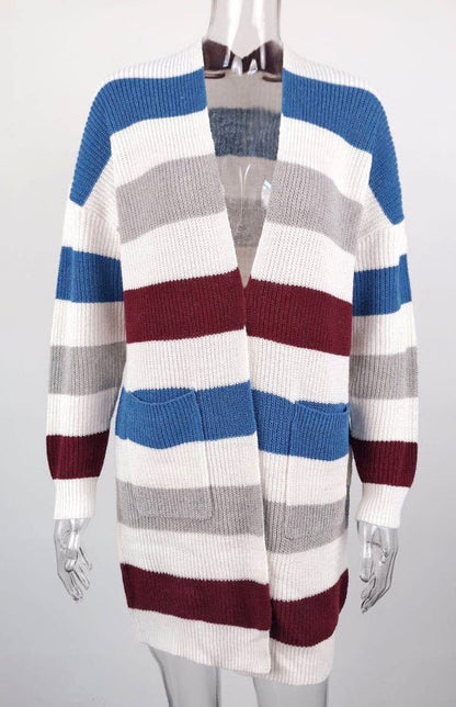 Cardigan en tricot contrasté rayé à la mode décontractée pour dames 