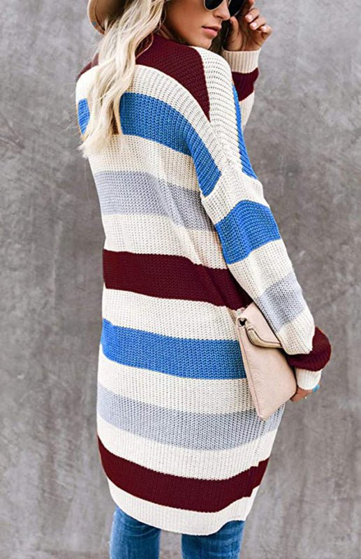 Ladies Casual Fashion Striped Contrast Knit Cardigan