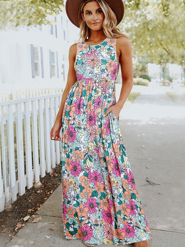 Robe longue sans manches à col rond et imprimé floral pour femme 