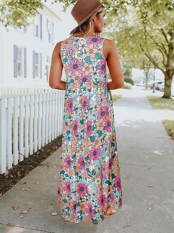 Robe longue sans manches à col rond et imprimé floral pour femme 