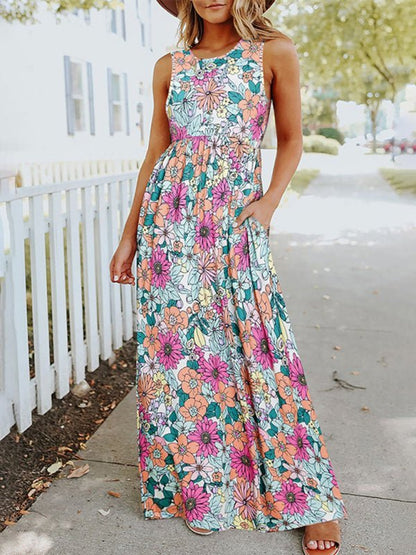 Robe longue sans manches à col rond et imprimé floral pour femme 