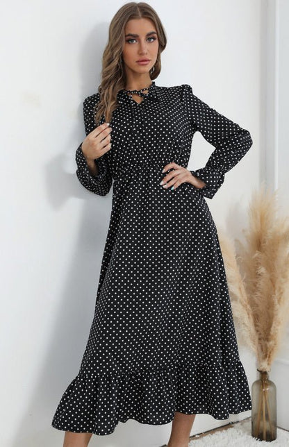 Robe à pois à manches longues et col en V pour femme 