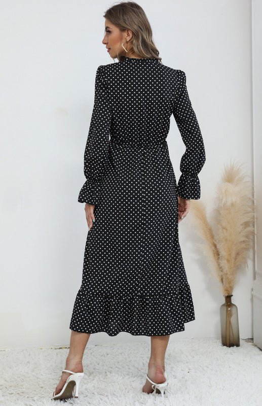 Robe à pois à manches longues et col en V pour femme 