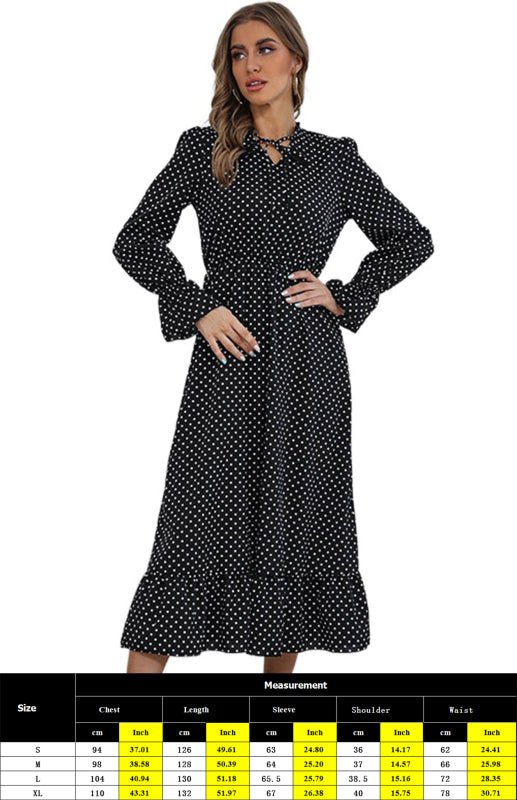 Robe à pois à manches longues et col en V pour femme 