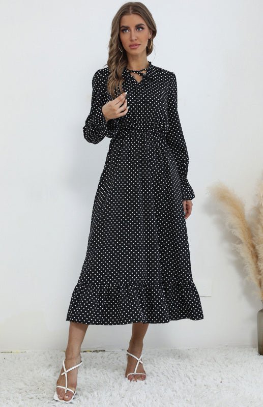 Robe à pois à manches longues et col en V pour femme 