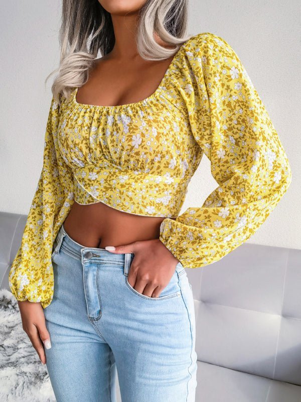 Lantern sleeve bowknot floral chiffon shirt holiday style crop top