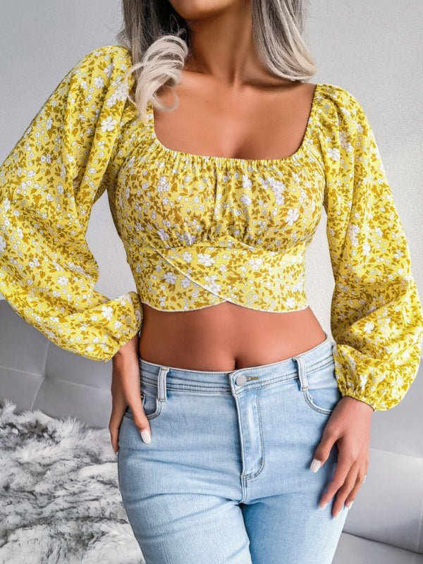 Lantern sleeve bowknot floral chiffon shirt holiday style crop top