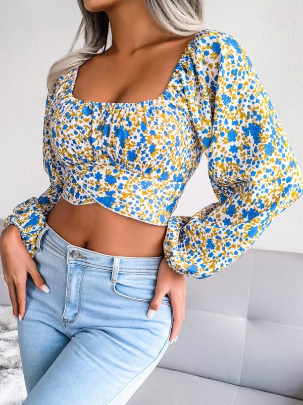 Lantern sleeve bowknot floral chiffon shirt holiday style crop top