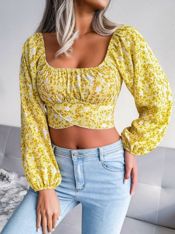 Lantern sleeve bowknot floral chiffon shirt holiday style crop top