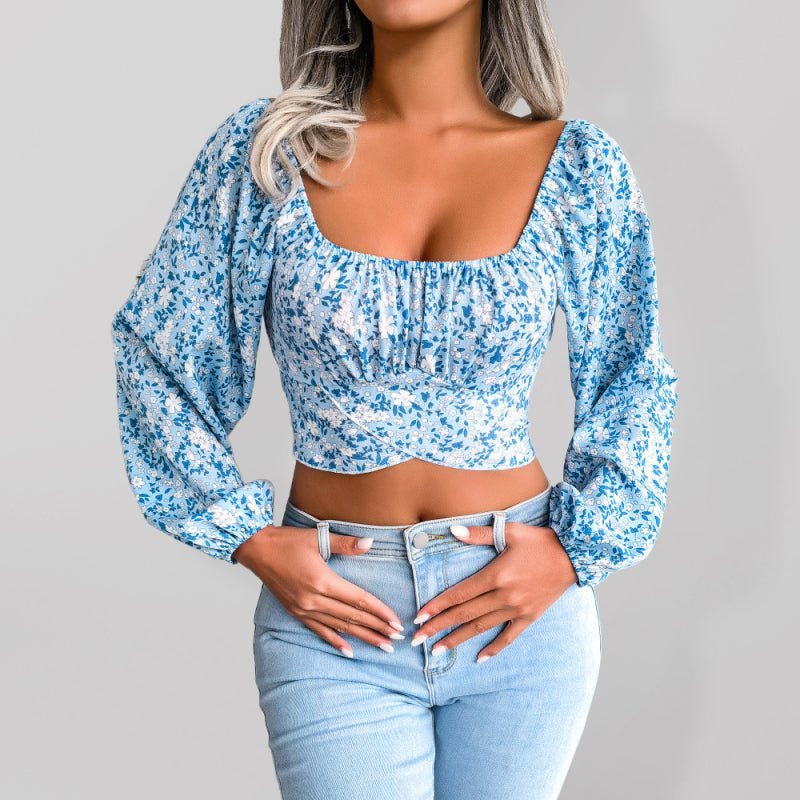 Lantern sleeve bowknot floral chiffon shirt holiday style crop top