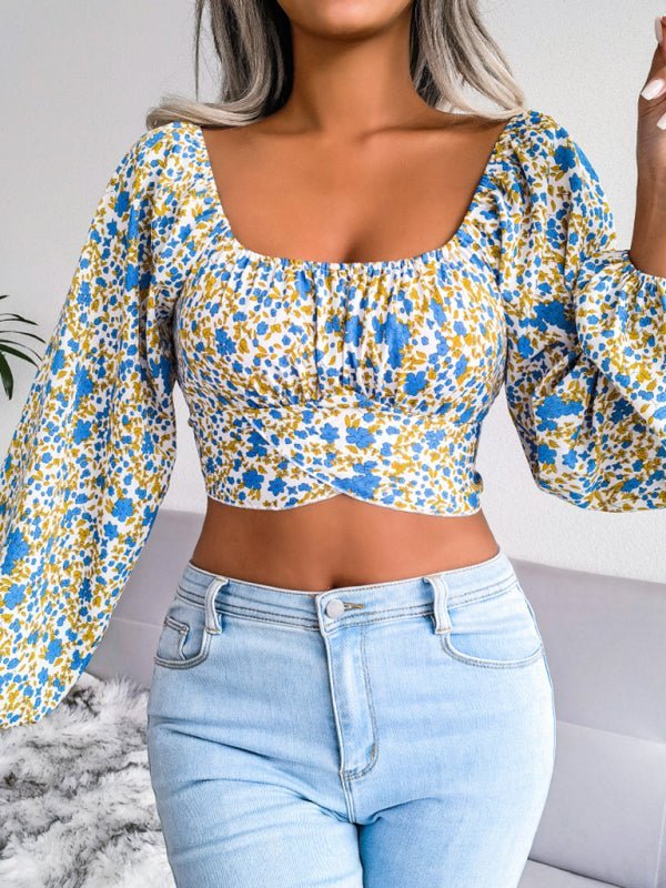 Lantern sleeve bowknot floral chiffon shirt holiday style crop top