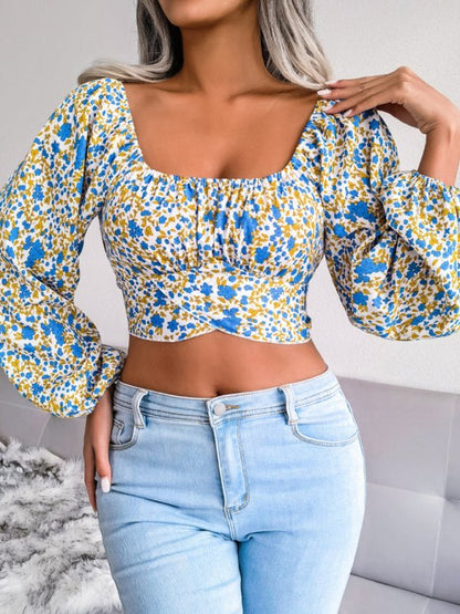 Lantern sleeve bowknot floral chiffon shirt holiday style crop top