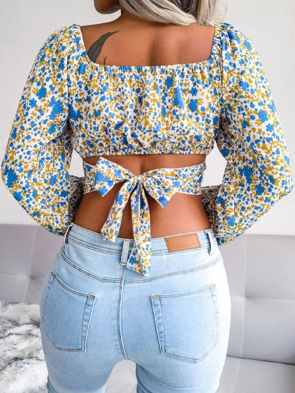 Lantern sleeve bowknot floral chiffon shirt holiday style crop top