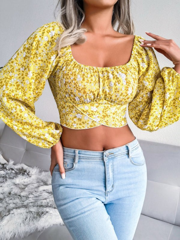 Lantern sleeve bowknot floral chiffon shirt holiday style crop top