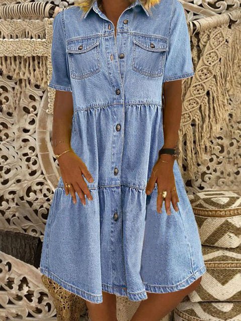 Lapel Short Sleeve Distressed Denim Dress Midi Dress