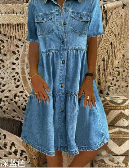 Lapel Short Sleeve Distressed Denim Dress Midi Dress