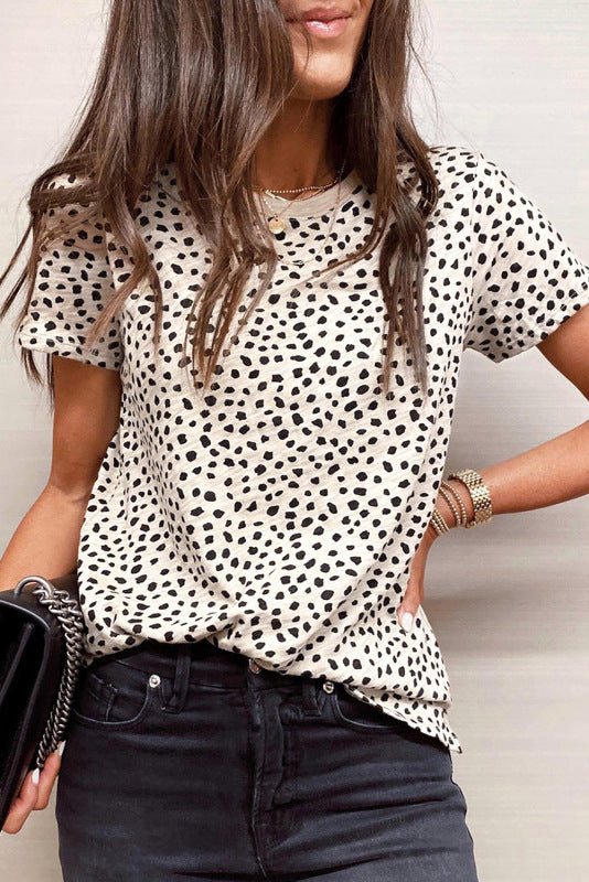 Leopard point short-sleeved round neck pullover loose casual t-shirt for women