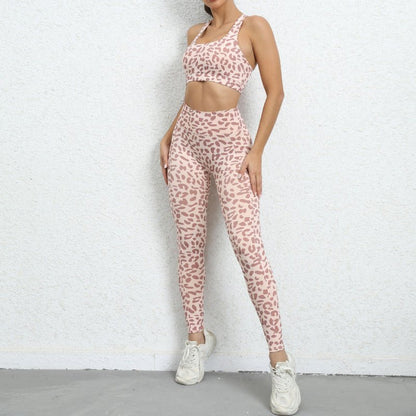 Leopard print beautiful back tight sports suit peach hip lifting high waist fitness clothes