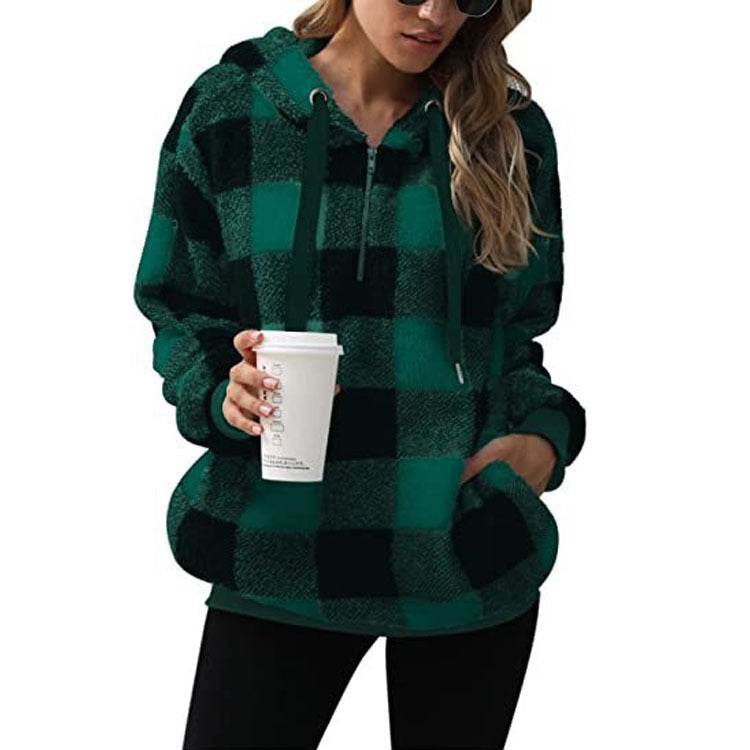 Long sleeve hooded plaid plush women&