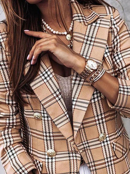 Long-sleeved double-breasted plaid-print blazer