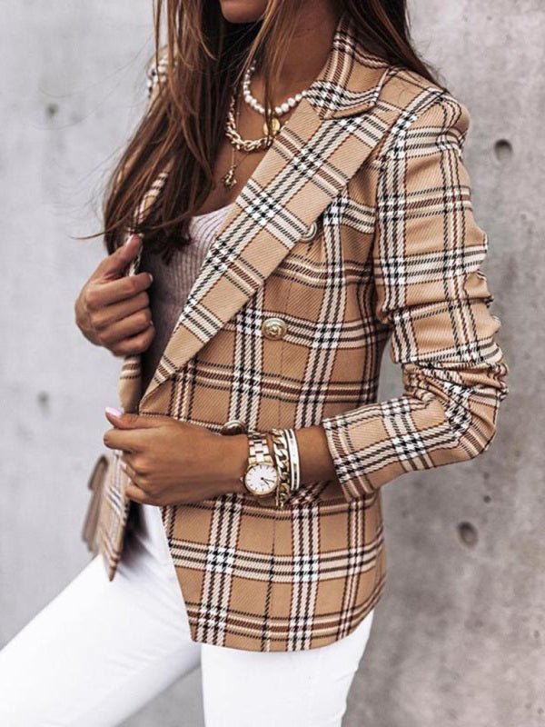 Long-sleeved double-breasted plaid-print blazer